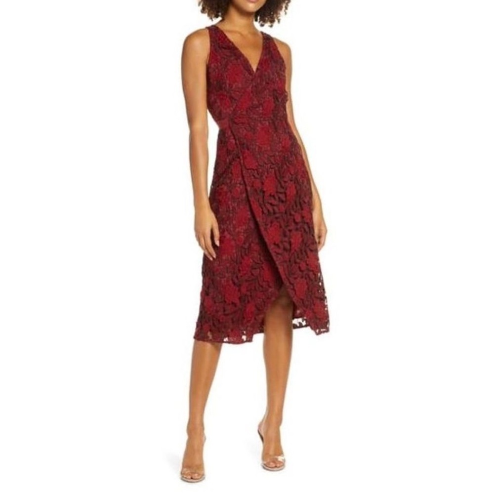 Ali & Jay Small the London floral Lace Wrap Midi‎ Dress Berry Burgundy Red Sz M